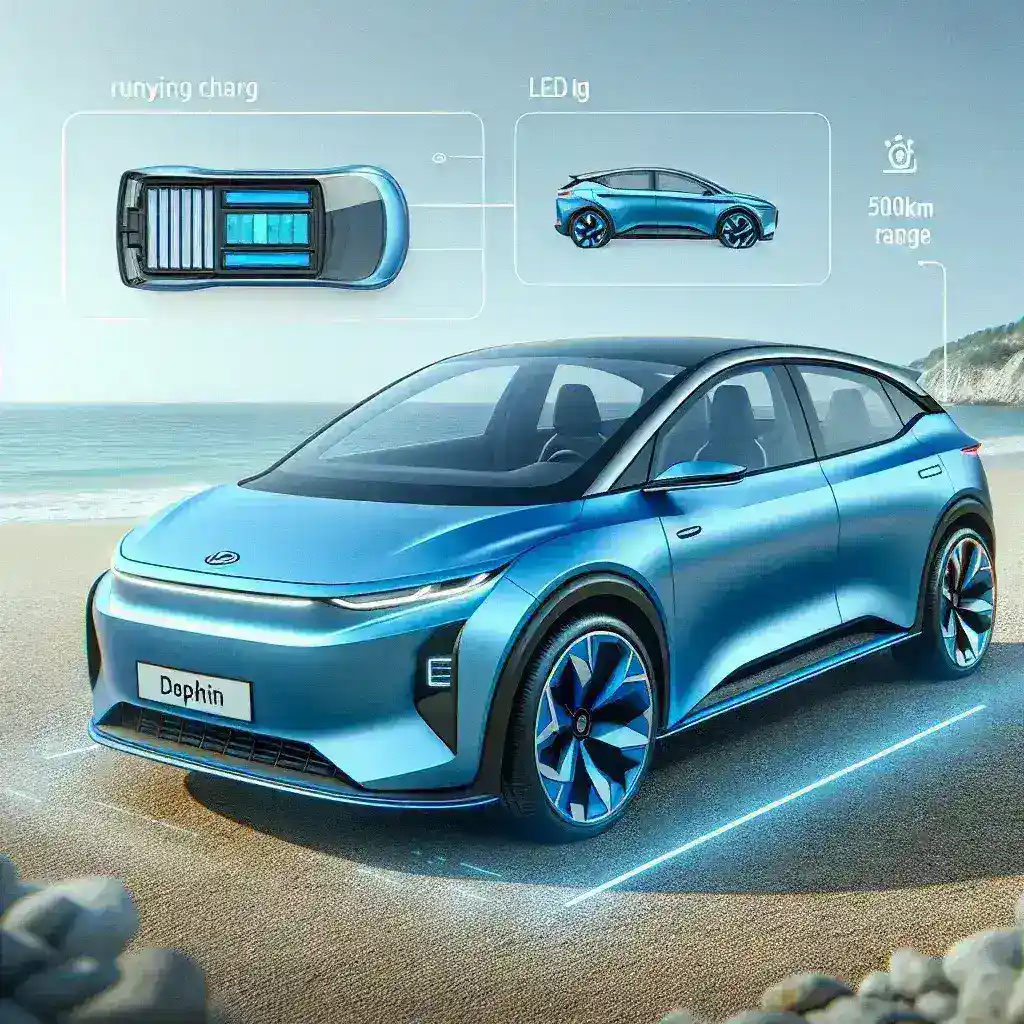 "BYD Dolphin electric vehicle showcasing its sleek design and advanced 500 km range battery pack, highlighting the future of sustainable transportation."