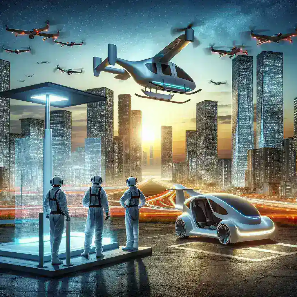 "FAA officials overseeing electric vertical takeoff and landing (eVTOL) aircraft during a test flight to advance urban air mobility initiatives."